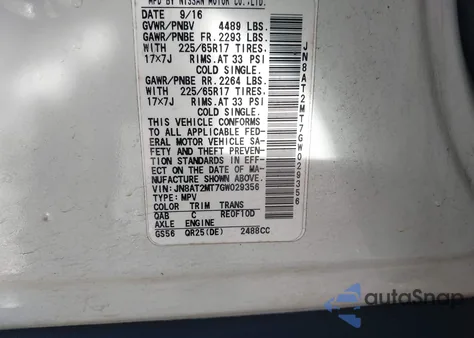 2016 Nissan Rogue Sv из США, поврежденный, VIN JN8AT2MT7GW029356